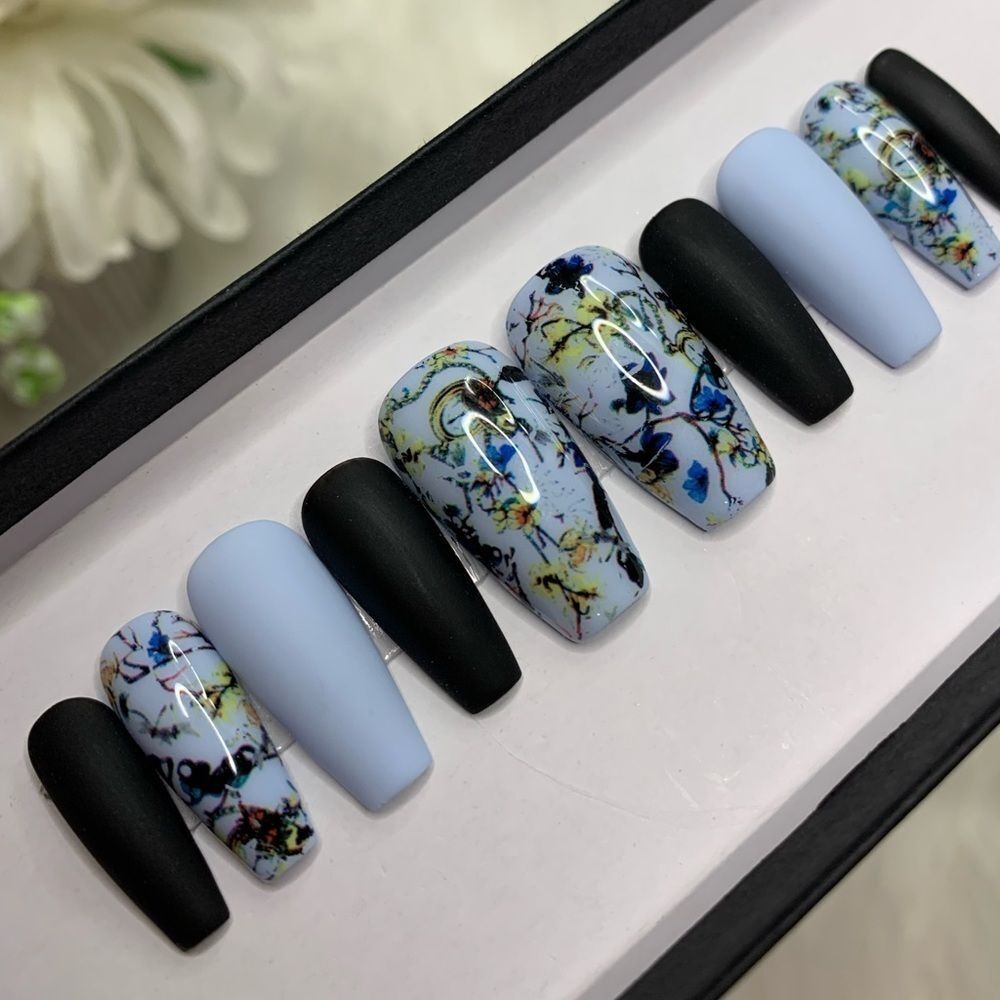 Matte Blue Floral Press On Nails | Handmade Press On Nails | Fake Nails - Picture 2 of 10